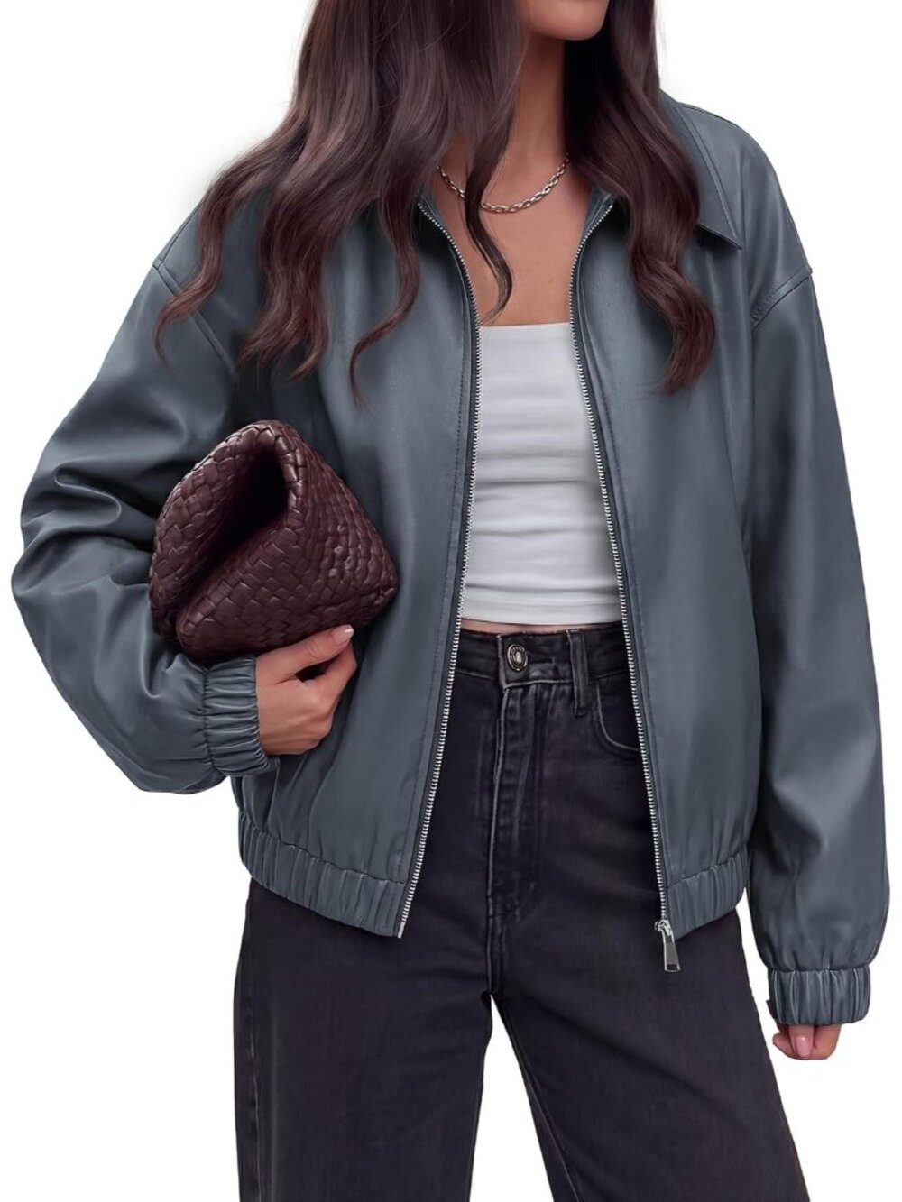 Women's Dusty Blue Faux Leather Oversized Zip Up Fall Winter Y2k Bomber Jacket